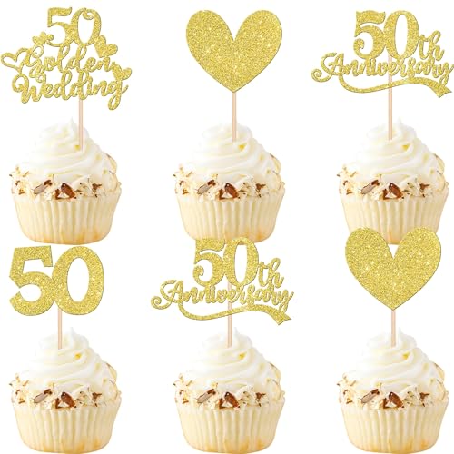 Xsstarmi 24 Packung 50. Hochzeit Jubiläum Cupcake Toppers Glitzer 50 Golden Wedding Anniversary Cupcake Picks Hochzeitstag Cupcake Dekoration für 50. Golden Hochzeit Jubiläum Party Kuchendekoration von Xsstarmi