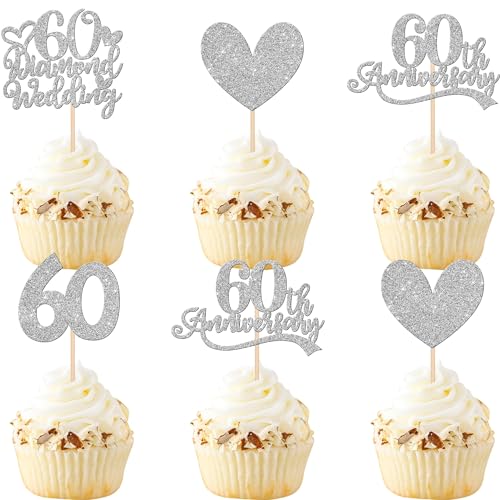 Xsstarmi 24 Packung 60. Hochzeit Jubiläum Cupcake Toppers Glitzer 60 Diamond Wedding Anniversary Cupcake Picks für Hochzeitstag 60. Diamant Hochzeit Jubiläum Party Kuchendekoration Silber von Xsstarmi