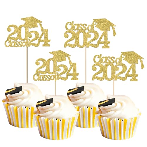 Xsstarmi 24 Packung Abschluss 2024 Cupcake Toppers Glitzer Class of 2024 Cupcake Picks für Congrats Grad 2024 Graduation Party Kuchendekoration Gold von Xsstarmi