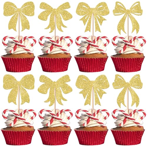 Xsstarmi 24 Packung Bogen Cupcake Toppers Glitzer Prinzessin Bogen Cupcake Picks für Prinzessin Bogen Weihnachten Hochzeit Geburtstag Party Kuchendekoration Gold von Xsstarmi