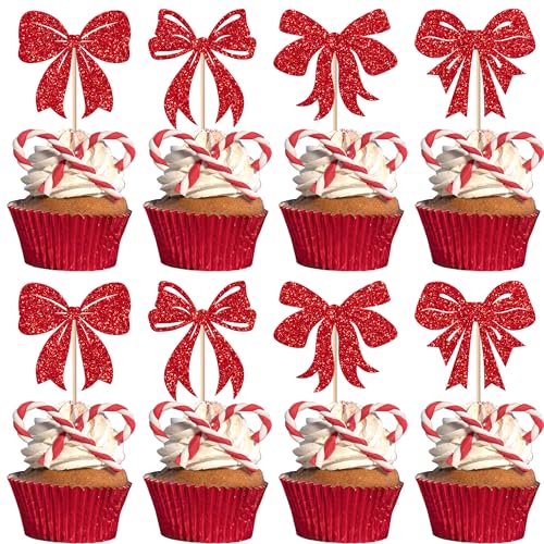 Xsstarmi 24 Packung Bogen Cupcake Toppers Glitzer Prinzessin Bogen Cupcake Picks für Prinzessin Bogen Weihnachten Hochzeit Geburtstag Party Kuchendekoration Rot von Xsstarmi