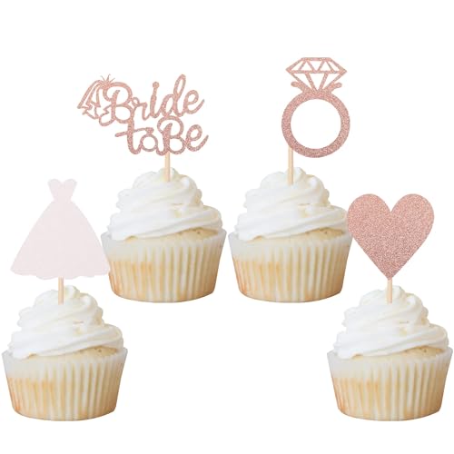 Xsstarmi 24 Packung Braut zu sein Cupcake Toppers Glitzer Bride to Be Cupcake Picks Diamant Ring Hochzeitskleid Kuchendekoration Hochzeit Verlobung Brautparty Partyzubehör Roségold von Xsstarmi