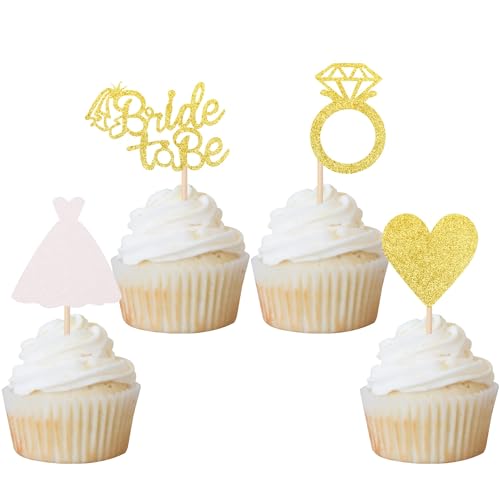 Xsstarmi 24 Packung Braut zu sein Cupcake Toppers Glitzer Herz Diamant Ring Hochzeitskleid Cupcake Picks für Bride to Be Hochzeit Verlobung Brautparty Party Kuchendekoration Gold von Xsstarmi