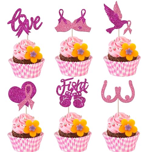 Xsstarmi 24 Packung Brustkrebs Bewusstsein Cupcake Toppers Glitzer Breast Cancer Awareness Cupcake Picks Dekoration für Rosa Ribbon Liebe Frau Frauengesundheit Brustkrebs Party Kuchendekoration Rose von Xsstarmi