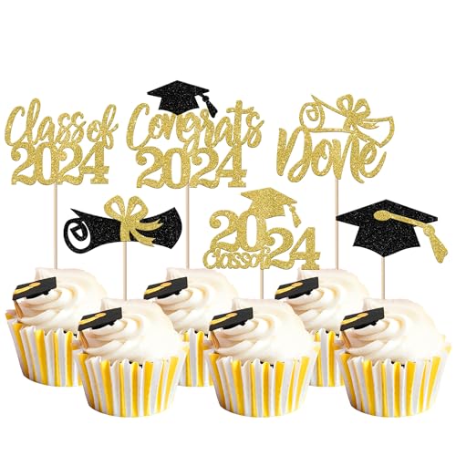 Xsstarmi 24 Packung Congrats Grad 2024 Cupcake Toppers Glitzer Class of 2024 Cupcake Picks Abschluss Cupcake Dekoration für 2024 Graduation Party Kuchendekoration Gold Schwarz von Xsstarmi