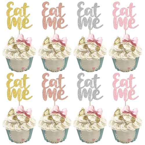 Xsstarmi 24 Packung Eat Me Cupcake Toppers Glitzer Take One Try Me Tea Party Cupcake Picks Wonderland Kuchendekoration für Kinder Geburtstag Partyzubehör von Xsstarmi