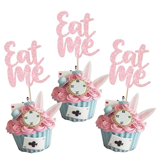 Xsstarmi 24 Packung Eat Me Cupcake Toppers Glitzer Take One Try Me Tea Party Wonderland Cupcake Picks für Kinder Geburtstag Party Kuchendekoration Rosa von Xsstarmi