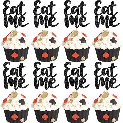 Xsstarmi 24 Packung Eat Me Cupcake Toppers Glitzer Take One Try Me Tea Party Wonderland Cupcake Picks für Kinder Geburtstag Party Kuchendekoration Schwarz von Xsstarmi