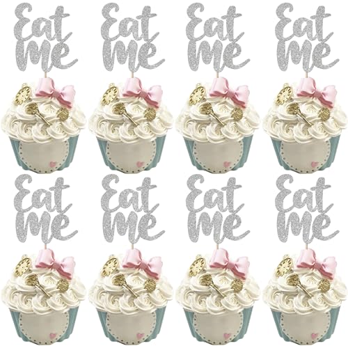 Xsstarmi 24 Packung Eat Me Cupcake Toppers Glitzer Take One Try Me Tea Party Wonderland Cupcake Picks für Kinder Geburtstag Party Kuchendekoration Silber von Xsstarmi