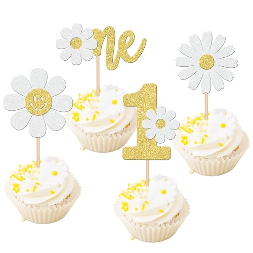 Xsstarmi 24 Packung Erster Geburtstag Cupcake Toppers Glitzer Sonnenblume lächelndes Gesicht Cupcake Picks für 1.th Geburtstag Party Kuchendekoration von Xsstarmi