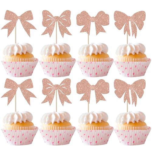 Xsstarmi 24 Packung Fliege Cupcake Toppers Glitzer süße Schleife Cupcake Picks Dekoration für Fliege Mädchen Geburtstag Party Kuchendekoration Roségold von Xsstarmi