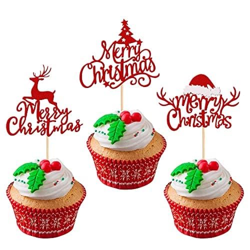 Xsstarmi 24 Packung Frohe Weihnachten Cupcake Toppers Glitzer Weihnachtsbaum Elch Weihnachtsmütze Cupcake Picks für Neujahr Frohe Weihnachten Geburtstag Party Kuchendekoration von Xsstarmi