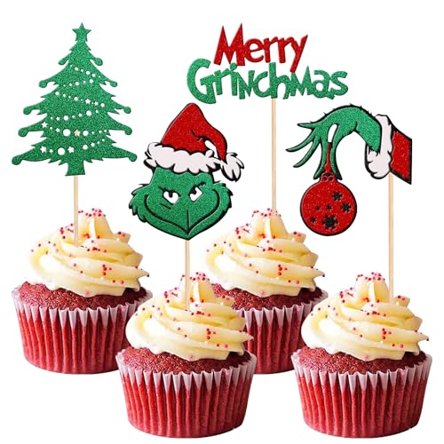 Xsstarmi 24 Packung Frohe Weihnachten Cupcake Toppers Glitzer Weihnachtsbaum Weihnachtself Cupcake Picks für Neujahr Frohe Weihnachten Geburtstag Party Kuchendekoration 颜色 von Xsstarmi