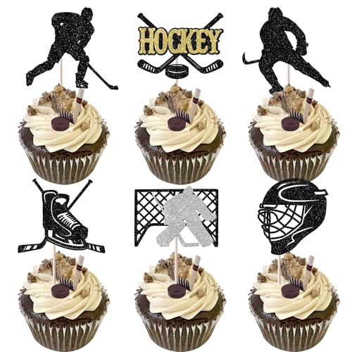 Xsstarmi 24 Packung Hockey Cupcake Toppers Glitzer Hockey Sports Cupcake Picks Hockey Spieler Kuchendekoration für Hockey Spieler Geburtstag Partyzubehör Schwarz Gold von Xsstarmi