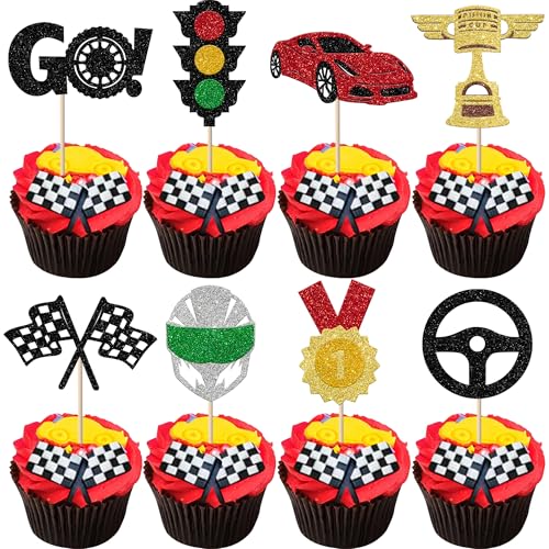 Xsstarmi 24 Packung Rennen Cupcake Toppers Glitzer Trophäe Fahrer Kontrollleuchte Go Cupcake Picks für Rennfahrer Geburtstag Party Kuchendekoration Schwarz von Xsstarmi