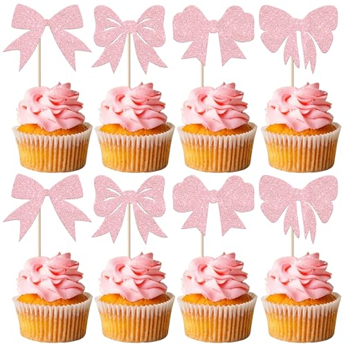 Xsstarmi 24 Packung Rosa Fliege Cupcake Toppers Glitzer süße Schleife Cupcake Picks für Fliege Mädchen Geburtstag Party Kuchendekoration Rosa von Xsstarmi