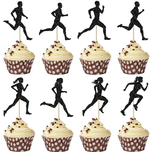 Xsstarmi 24 Packung Running Cupcake Toppers Glitzer Sports Fitness Cupcake Picks für Runner Birthday Läufer Geburtstag Party Kuchendekoration Schwarz von Xsstarmi