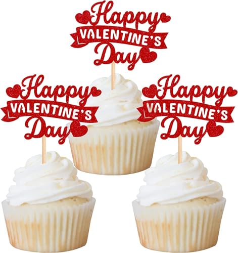 Xsstarmi 24 Packung Schönen Valentinstag Cupcake Toppers Liebe Herz Glitzer Süße Liebe Cupcake Picks für Hochzeitstag Valentinstag Geburtstag Party Kuchendekoration Rot von Xsstarmi