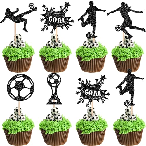 Xsstarmi 24 Packung Soccer Cupcake Toppers Glitzer Fußball Spieler Trophäe Cupcake Picks für Fußball Sport Mädchen Geburtstag Party Kuchendekoration Schwarz von Xsstarmi