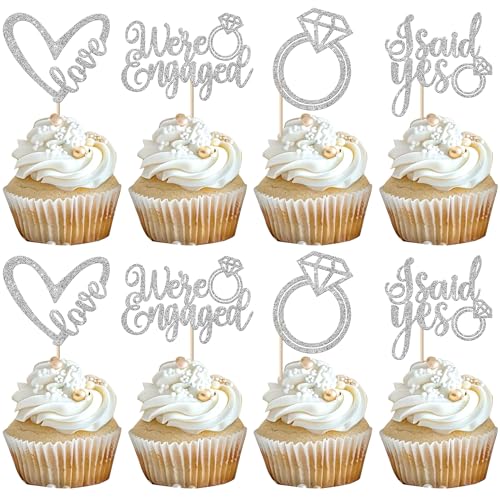 Xsstarmi 24 Packung We're Engaged Cupcake Toppers Glitzer She Said Yes Cupcake Picks Dekoration für Wir Sind Verlobt Werden Engagiert Hochzeit Party Kuchendekoration Silber von Xsstarmi