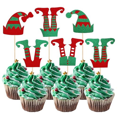 Xsstarmi 24 Packung Weihnachtself Cupcake Toppers Glitzer Frohe Weihnachten Weihnachtsmütze Elf Beine Cupcake Picks für Weihnachten Neujahr Feiertag Geburtstag Party Kuchendekoration von Xsstarmi