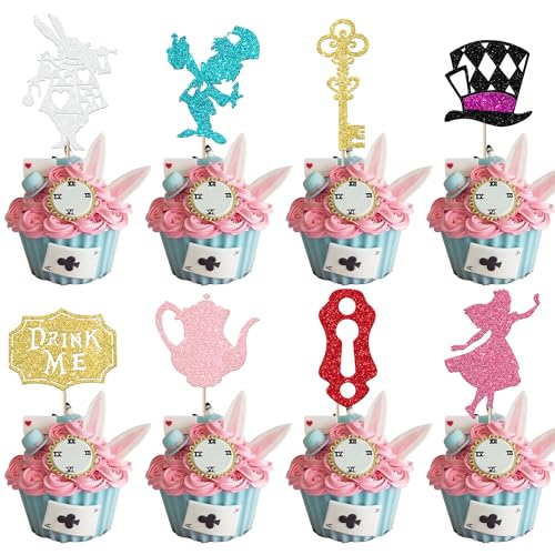 Xsstarmi 24 Packung Wonderland Cupcake Toppers Glitzer Kaninchen Mad Hatter Cupcake Picks Alice Tea Party Cupcake Dekoration für Kinder Geburtstag Party Kuchendekoration von Xsstarmi