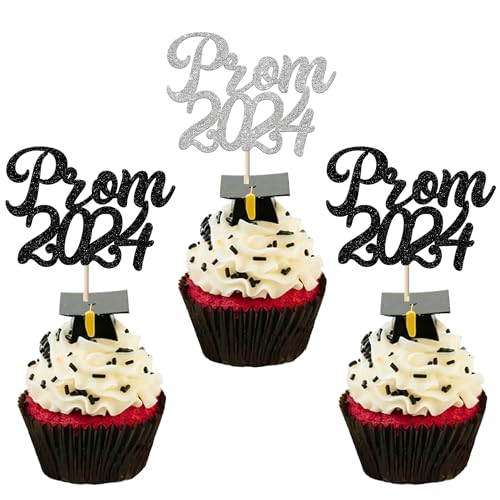 Xsstarmi 24 Stück Abschlussball 2024 Cupcake Toppers Glitzer 2024 College Graduation Prom Cupcake Picks Dekoration für Klasse 2024 Abschlussball Party Kuchen Dekorationen Schwarz Silber von Xsstarmi