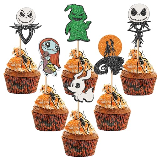 Xsstarmi 24 Stück Jack Skellington Halloween Cupcake Toppers Glitter Skull Ghost Nightmare Before Christmas Cupcake Picks Dekorationen für Halloween Horrible Birthday Party Kuchen Dekorationen von Xsstarmi