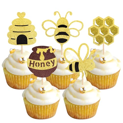Xsstarmi 30 Packung Biene Cupcake Toppers Glitzer Bienenwabe Cupcake Picks Bumble Bee Kuchendekoration Frühling Kinder Geburtstag Partyzubehör von Xsstarmi