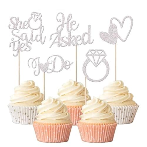 Xsstarmi 30 Packung Hochzeit Cupcake Toppers Glitzer He Asked She Said Yes Cupcake Picks Heart Ring I Do Wedding Kuchendekoration für Hochzeit Verlobung Brautparty Partyzubehör Silber von Xsstarmi