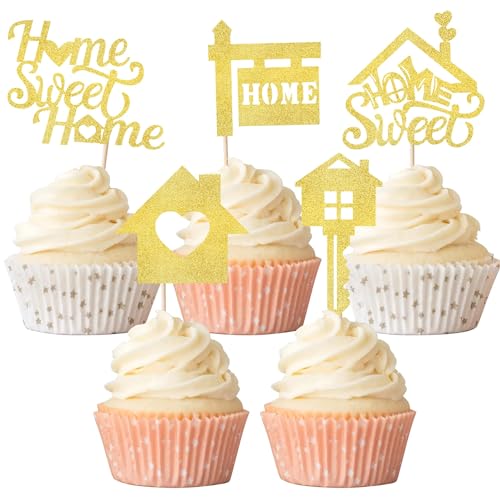 Xsstarmi 30 Packung Sweet Home Cupcake Toppers Glitzer Süßes Zuhause Cupcake Picks Schlüssel Einweihungsparty Kuchendekoration Neues Zuhause Partyzubehör Gold von Xsstarmi