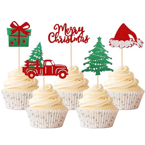 Xsstarmi 30 Packung Weihnachten Cupcake Toppers Glitzer Weihnachtsmütze mit LKW-Baum Cupcake Picks für Christ Gift Geburtstag Frohe Weihnachten Party Kuchendekoration von Xsstarmi