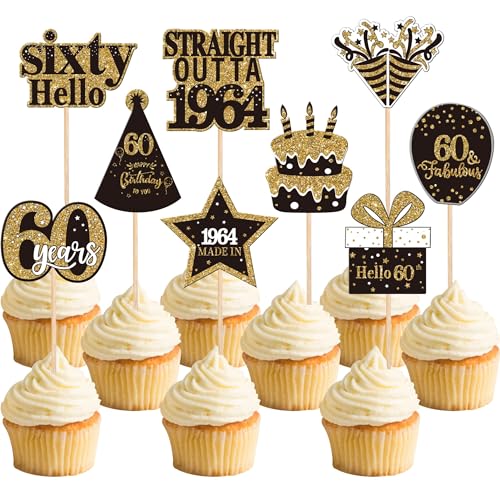 Xsstarmi 36 Packung 60. Geburtstag Cupcake Toppers Hello 60 Fabulous Cupcake Picks Straight Outta 1964 Kuchendekorationen für Alles Gute zum 60. Geburtstag Party Zubehör von Xsstarmi