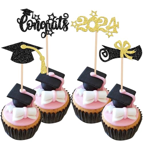 Xsstarmi 36 Packung Abschluss Congrats Grad Cupcake Toppers Glitzer Grad Cap Diploma Done Cupcake Picks für Diplom Fertig Class of 2024 Graduation Party Kuchendekoration Gold von Xsstarmi