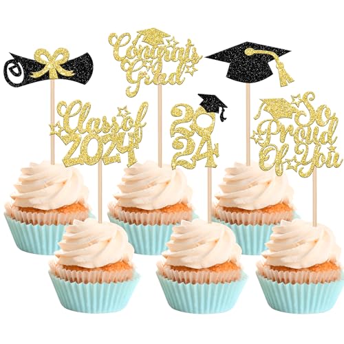 Xsstarmi 36 Packung Congrats Grad Abschluss Cupcake Toppers Glitzer Grad Cap Cupcake Picks Diploma Done Kuchendekoration für Stolz Auf Dich Class of 2024 Graduation Partyzubehör Gold von Xsstarmi