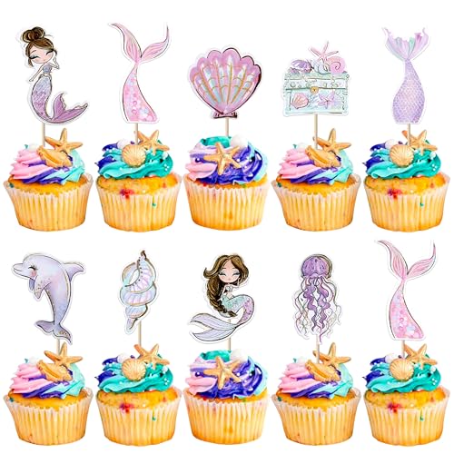 Xsstarmi 36 Packung Cupcake-Topper „Unter dem Meer“ Muschel Delfin Qualle Meerjungfrauenschwanz Cupcake-Picker Schatz kleine Meerjungfrau Kuchendekorationen für Meerjungfrauen-Motto Geburtstagsparty von Xsstarmi