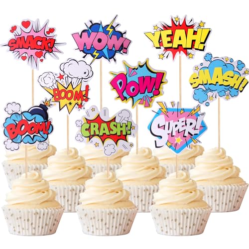 Xsstarmi 36 Packung Superheld Boom Cupcake Toppers Smash Crash Pow Cupcake Picks Feiernder Held Kuchendekorationen Geburtstag Jubiläum Party Zubehör von Xsstarmi