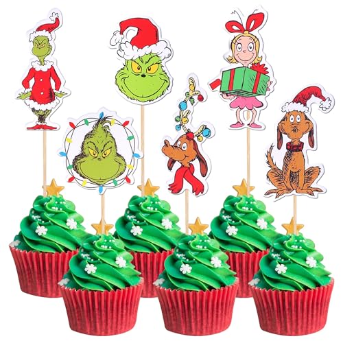 Xsstarmi 36 Packung Weihnachtself Cupcake Toppers Grünes Monster Cupcake Picks für Frohe Weihnachten Neujahr Feiertage Geburtstag Zubehör für Party Kuchendekorationen von Xsstarmi