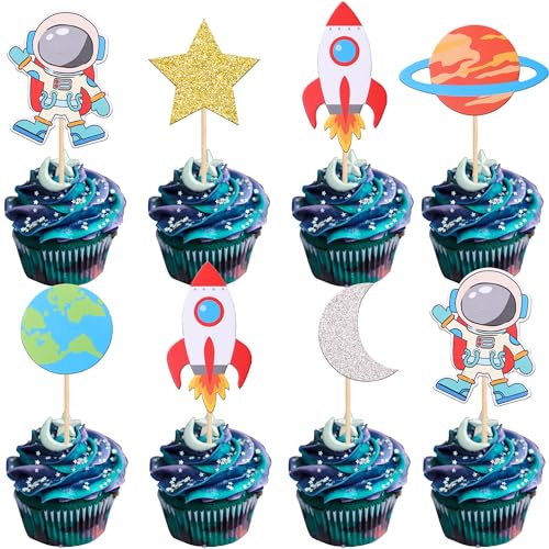 Xsstarmi 36 Packung Weltraumastronaut Cupcake Toppers Rakete Planet Cupcake Picks Reise zum Mond Kuchendekorationen Universum Weltraum Geburtstag Party Zubehör von Xsstarmi