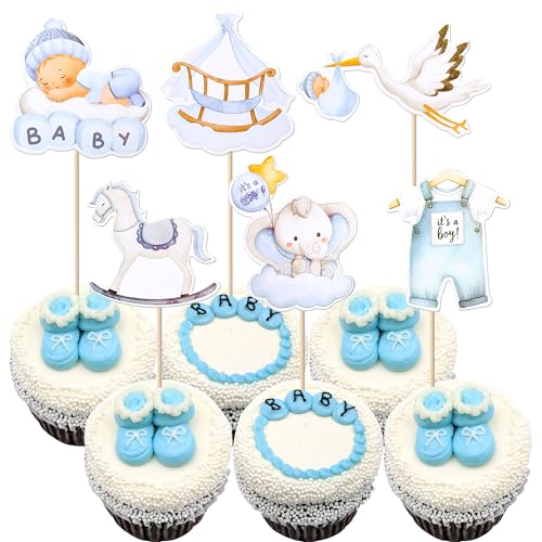 Xsstarmi 36 Packung ist ein Junge Cupcake Toppers Trojanischer Kinderwagen, Elefantenbaby Cupcake Picks für Geschlecht offenbaren Junge Geburtstag Zubehör für Party Kuchendekorationen Blau von Xsstarmi