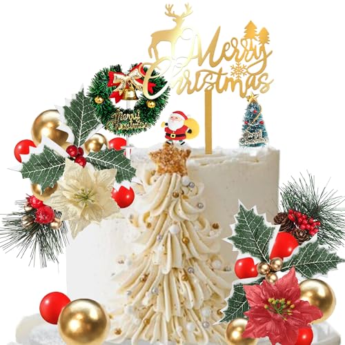 Xsstarmi 38 Stück Frohe Weihnachten Kuchendekorationen Künstliche Blume Beere Tannenzapfen Weihnachtsbaum Kuchen Topper Goldkugeln Merry Xmas Kuchen Topper für Weihnachten Thema DIY Party Kuchen von Xsstarmi