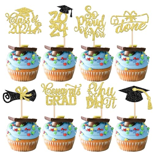 Xsstarmi 40 Packung Class of 2024 Abschluss Cupcake Toppers Glitzer Grad Cap Diploma Done Cupcake Picks für Stolz Auf Dich Congrats Grad 2024 Graduation Party Kuchendekoration Gold von Xsstarmi