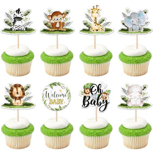 Xsstarmi 40 Packung Cupcake-Topper mit Safaritieren „Oh Baby“ Cupcake-Picker mit Dschungeltieren Elefant Giraffe Löwe Nilpferd Affe Zebra Kuchendekoration für Babyparty wilde Geburtstagsparty von Xsstarmi