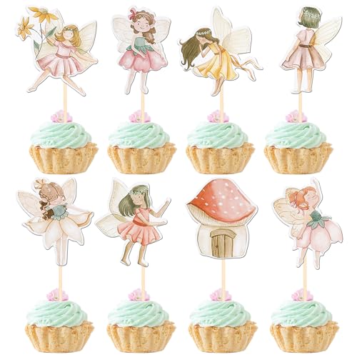 Xsstarmi 40 Packung Fairy Cupcake Toppers Beidseitig Mushroom House Flower Fairy Cupcake Picks für Fairy Hochzeit Geburtstag Zubehör für Party Kuchendekorationen von Xsstarmi