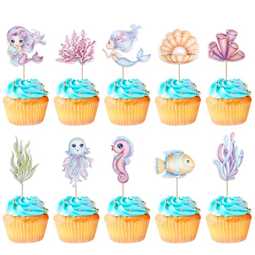 Xsstarmi 40 Packung Ozean Meerestier Cupcake Toppers Unter dem Meer Meerjungfrau Koralle Cupcake Picks Die Unterwasserwelt Ozean Geburtstag Zubehör für Party Kuchendekorationen von Xsstarmi