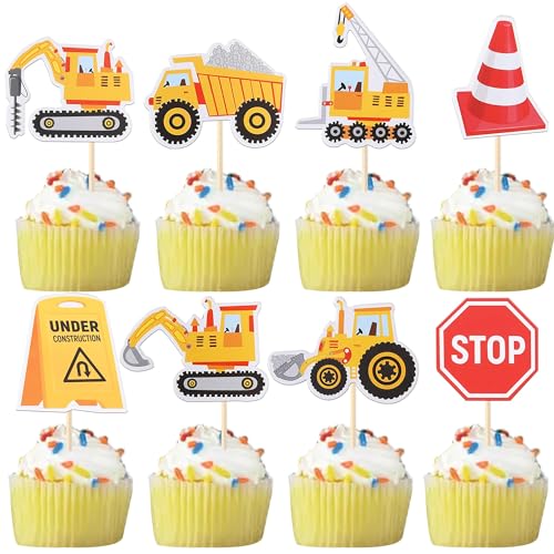 Xsstarmi 40 Packung Straßenschild Baufahrzeug Cupcake Toppers Kipper Cupcake Picks Bagger Traktor Kuchendekorationen für Konstruktion Geburtstag Party Zubehör von Xsstarmi