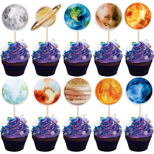 Xsstarmi 40 Packung Weltraum Cupcake Toppers Planet Cupcake Picks Sonnensystems Galaxie Universum Kuchendekorationen Weltraumplanet Geburtstag Party Zubehör von Xsstarmi