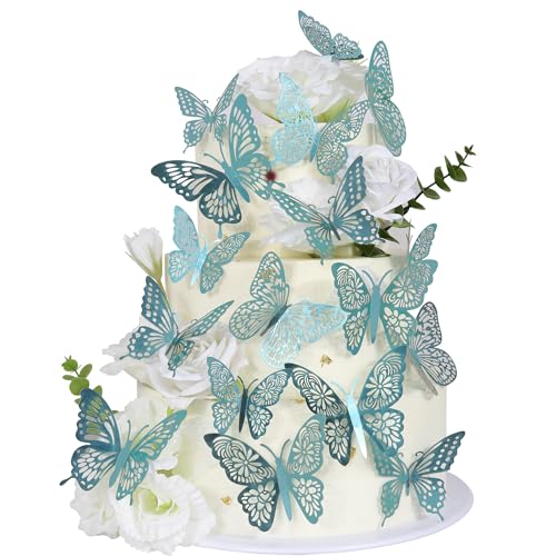 Xsstarmi 42 Packung Tortendeko 3D Schmetterling Tortenaufsatz Lebendiger Schmetterling Wanddekoration Hohler Schmetterling Wanddekoration Babyparty Geburtstag Hochzeit Party Zubehör Blau von Xsstarmi