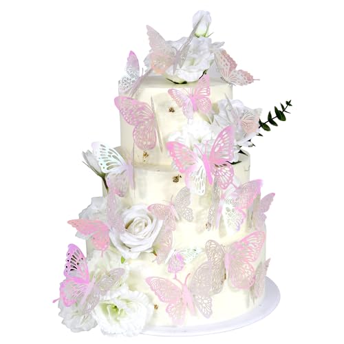 Xsstarmi 42 Packung Tortendeko 3D Schmetterling Tortenaufsatz Lebendiger Schmetterling Wanddekoration Hohler Schmetterling Wanddekoration Babyparty Geburtstag Hochzeit Party Zubehör Hell Pink von Xsstarmi