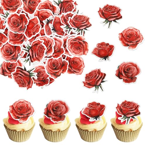 Xsstarmi 50 Stück essbare Rose Cupcake Toppers Oblaten Papier Rose Blume Cupcake Picks Rose Essbare Cupcake Dekorationen für Rosen Thema Hochzeit Verlobung Valentinstag Geburtstag Party Kuchen von Xsstarmi